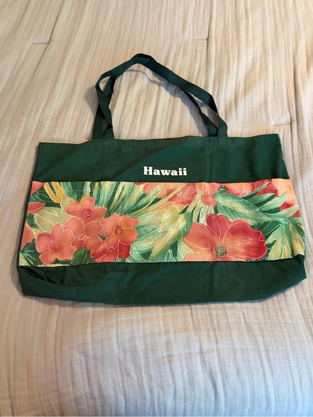 Vintage Hilo Hattie Green Tote with Tropical Floral Panel - NEW
